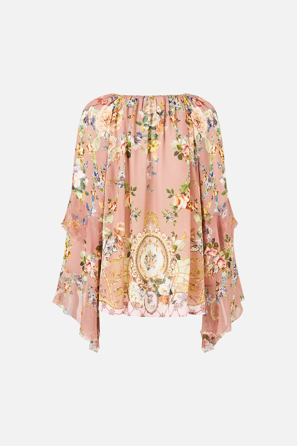 LACE UP V NECK BLOUSE WITH CASCADE RUFFLES CHAMBER OF BLOOMS