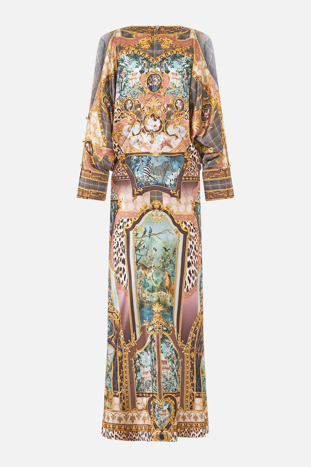 PLUNGE NECK DRAPED SHOULDER DRESS ANIMALS IN THE PALACE