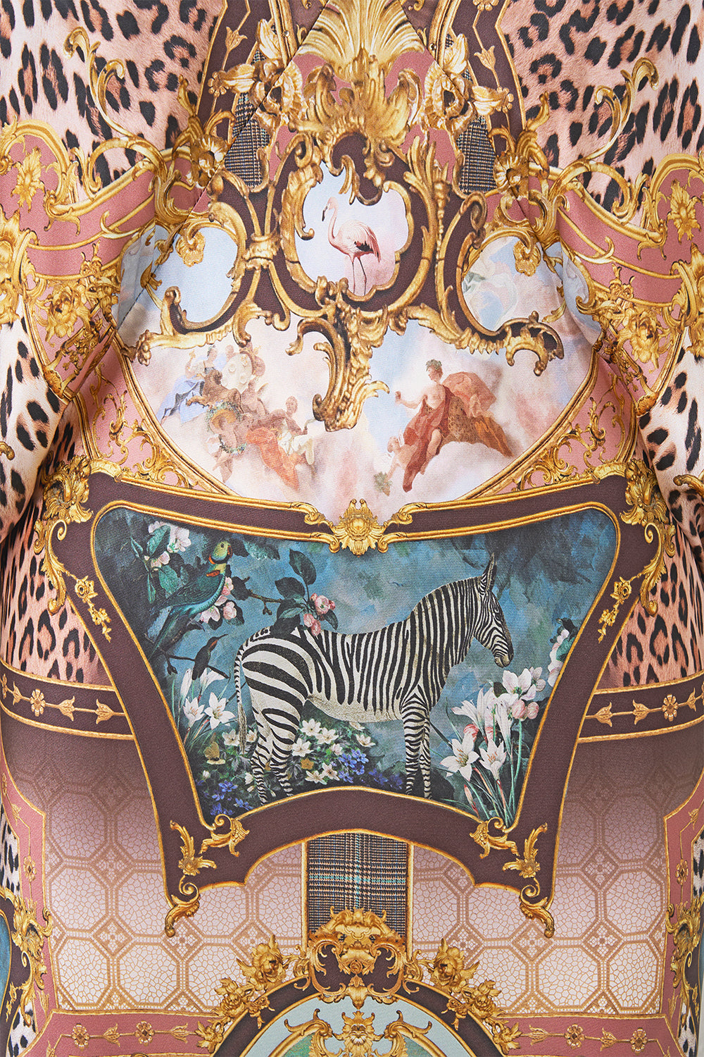 PLUNGE NECK DRAPED SHOULDER DRESS ANIMALS IN THE PALACE