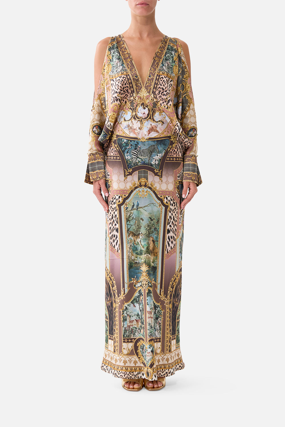 PLUNGE NECK DRAPED SHOULDER DRESS ANIMALS IN THE PALACE