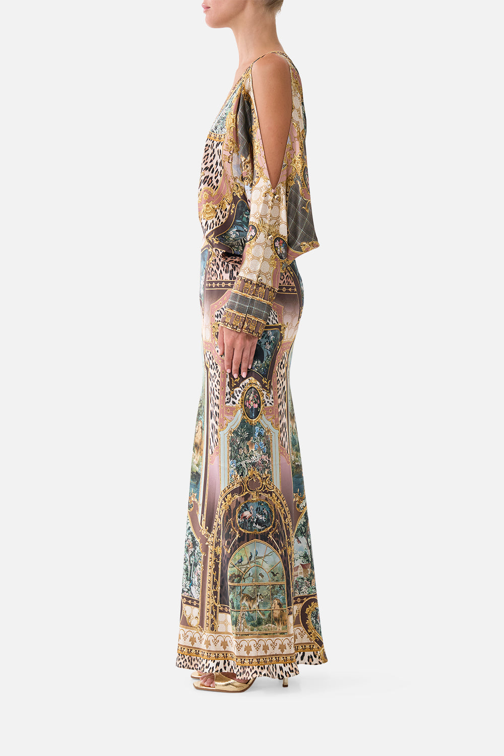 PLUNGE NECK DRAPED SHOULDER DRESS ANIMALS IN THE PALACE