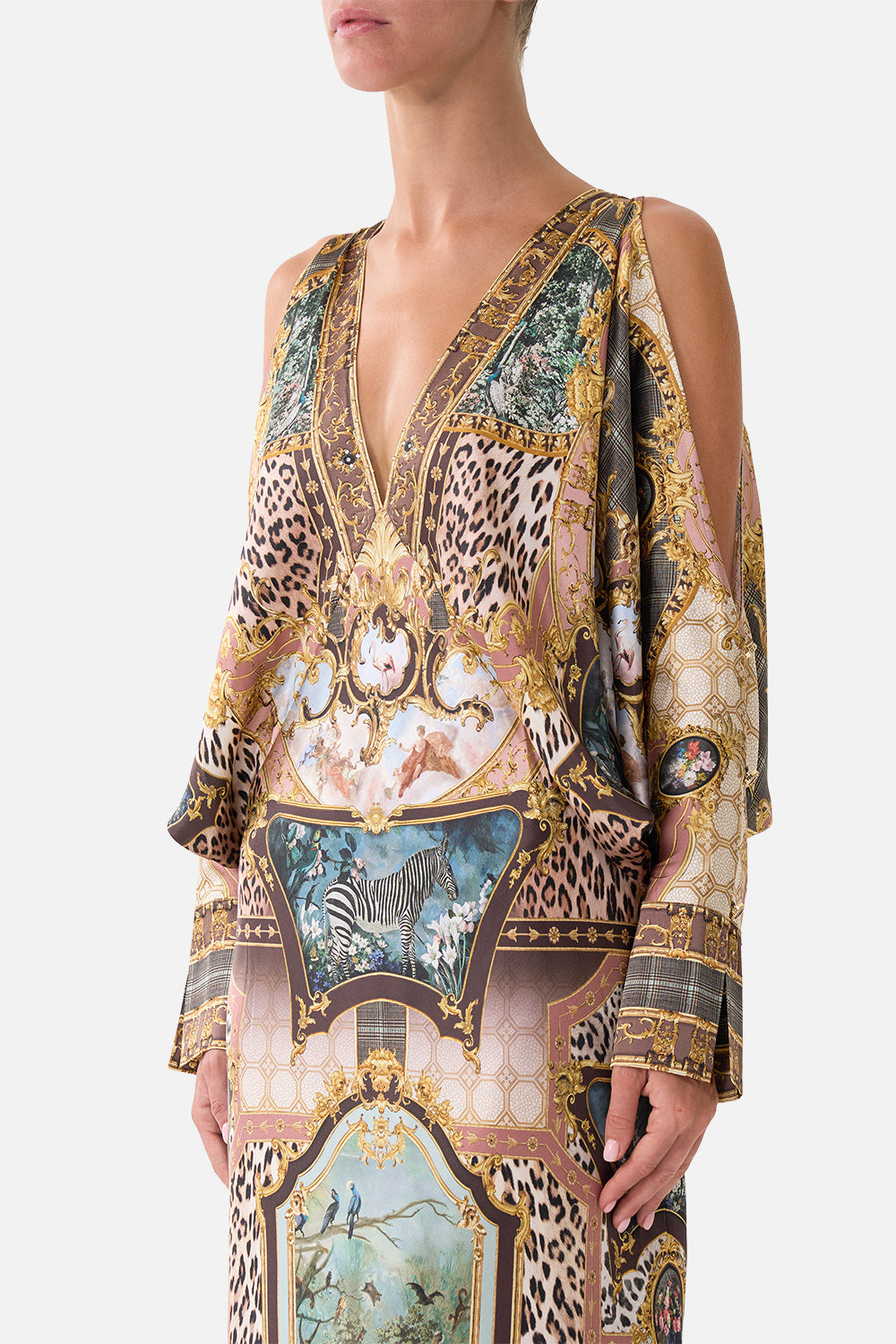 PLUNGE NECK DRAPED SHOULDER DRESS ANIMALS IN THE PALACE