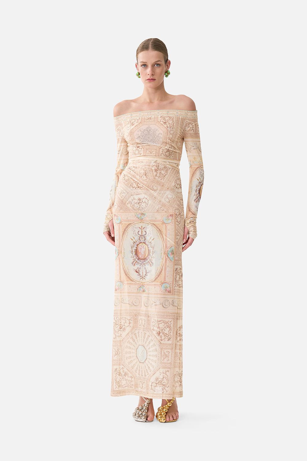 The CAMILLA Mesh Off Shoulder Gathered Jersey Dress in our A Beloved Boudoir print.