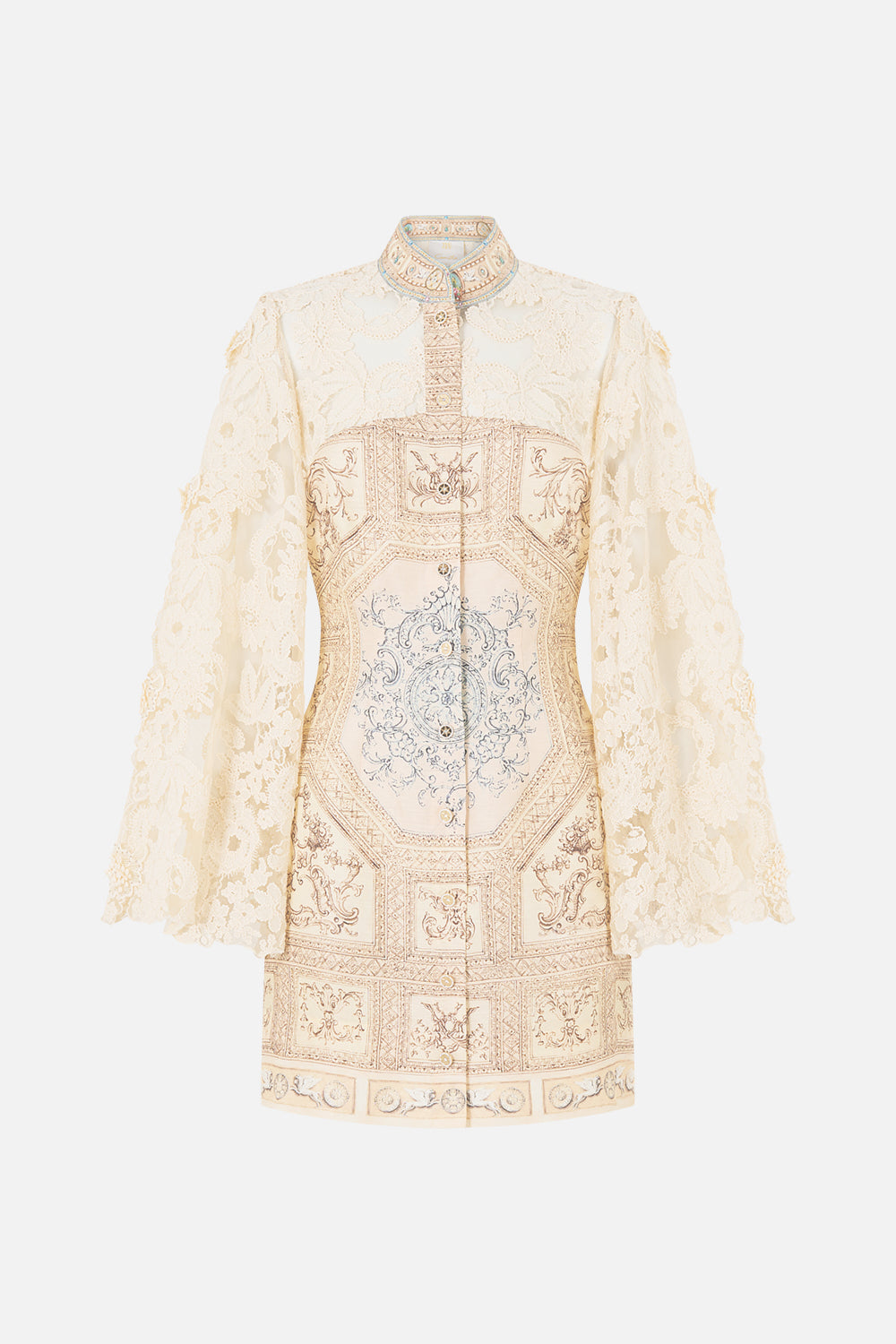 The CAMILLA Lace Sleeve Mini Shift Dress in our A Beloved Boudoir print.