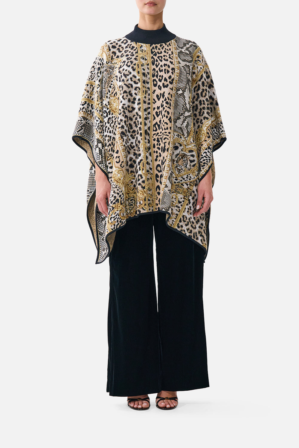 FUNNEL NECK DRAPE KNIT PONCHO LEOPARD LIBERTINE