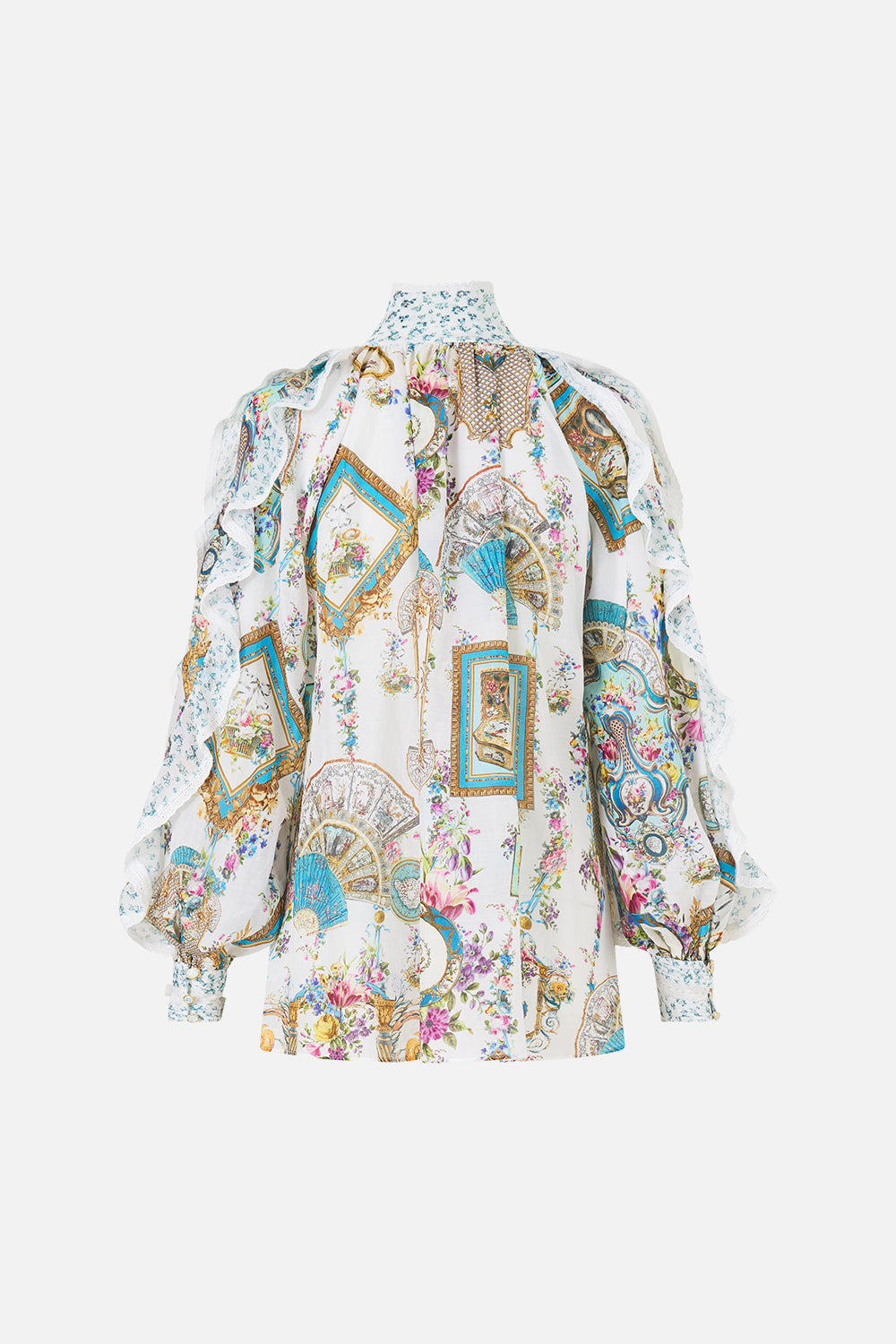 The CAMILLA Relaxed Blouse With Frill Sleeve Detail in our Art For The Artisans print.