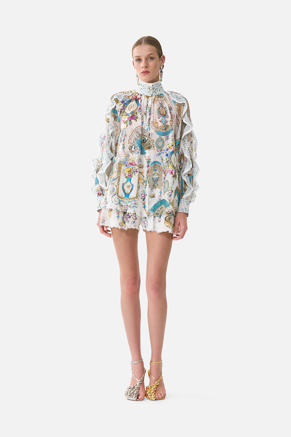The CAMILLA Relaxed Blouse With Frill Sleeve Detail in our Art For The Artisans print.