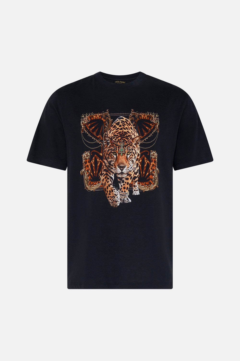 Front product view of Hotel Franks by CAMILLA mens black graphic tee in Jungle Dreaming print