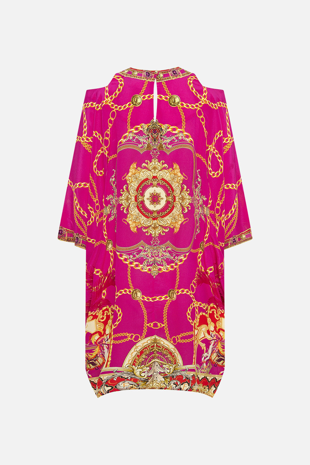 Back product view of CAMILLA pink silk kaftan in Wild And Running print