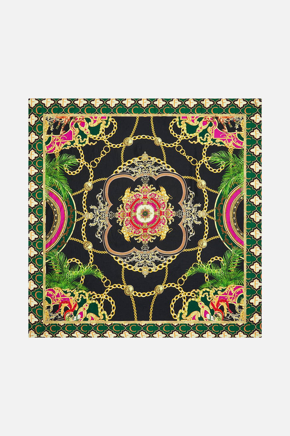 Detail view of CAMILLA silk square scarf in Jealousy And Jewels print