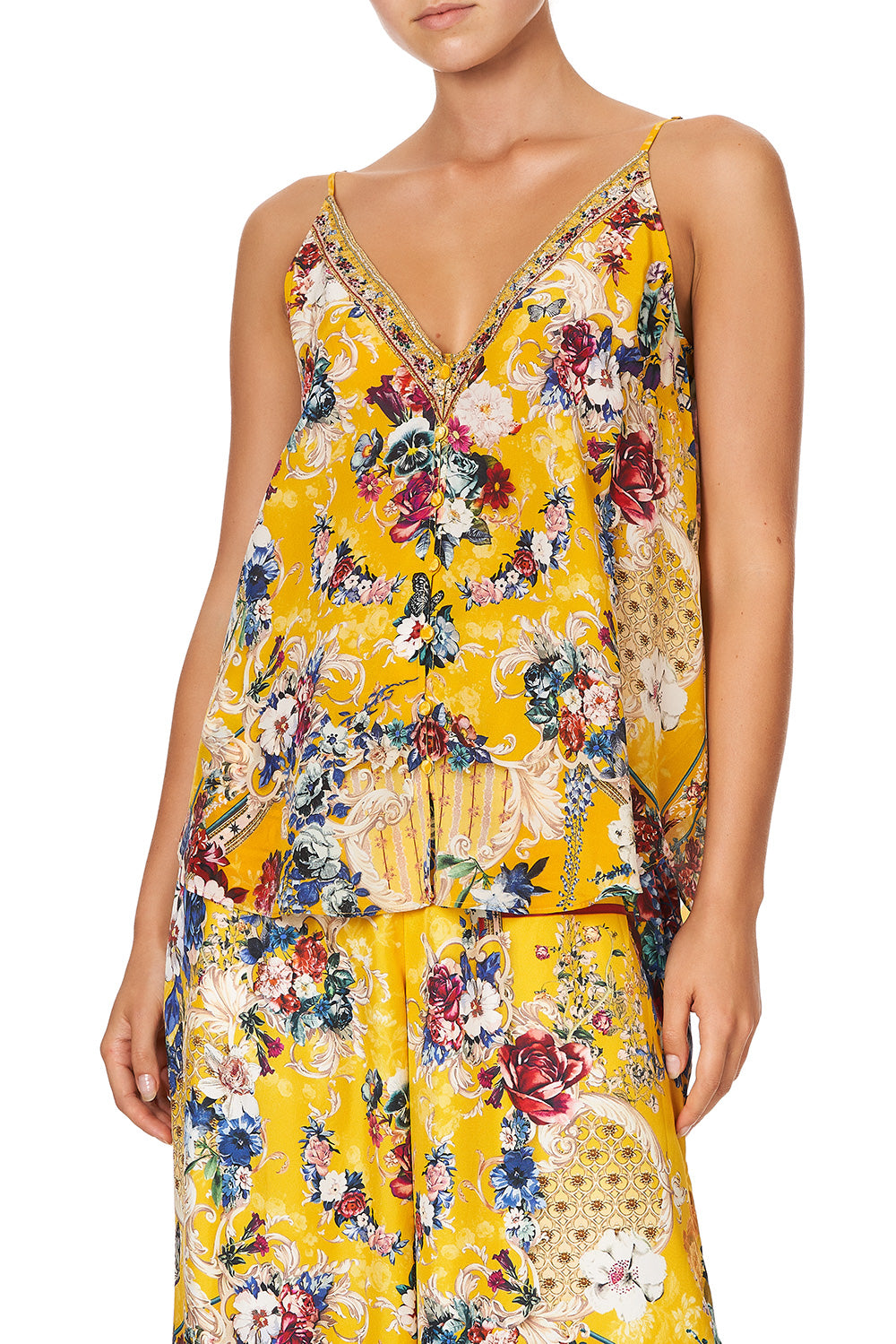 BUTTON FRONT V NECK CAMI CROWNED ROSES