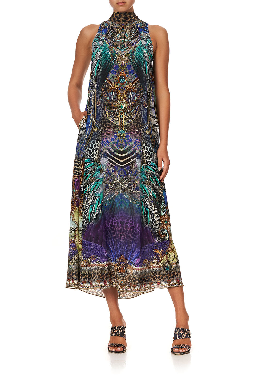 HIGH NECK DRESS WITH BACK NECK TIE ANIMAL ARMY