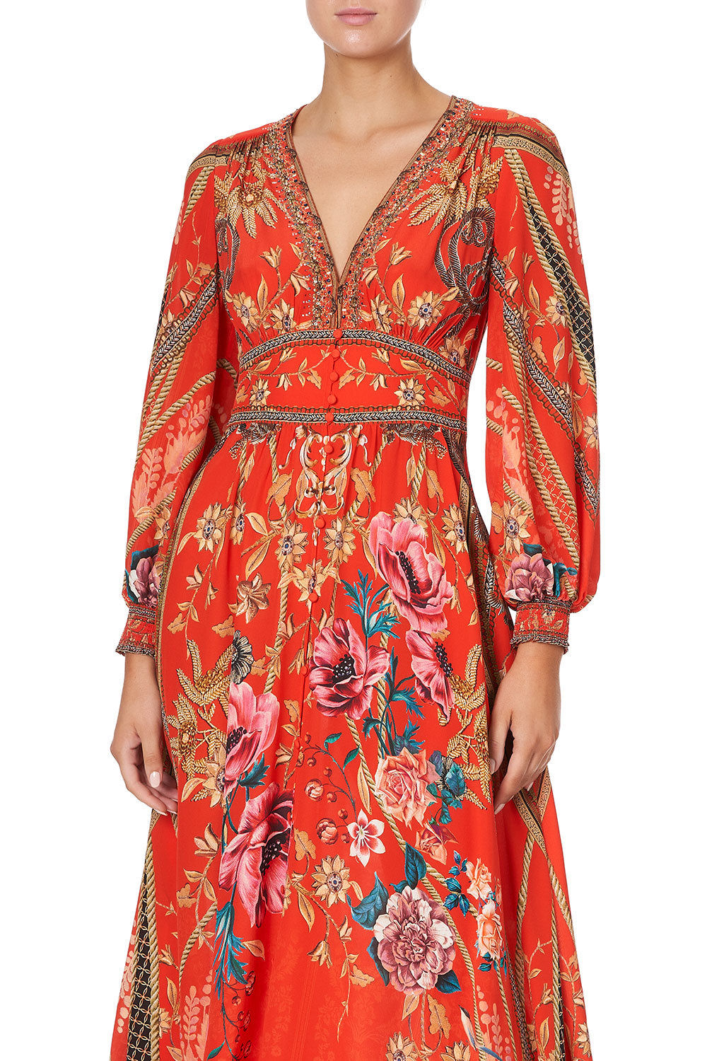 BUTTON DRESS WITH SHAPED WAISTBAND AND THE QUEEN WORE RED