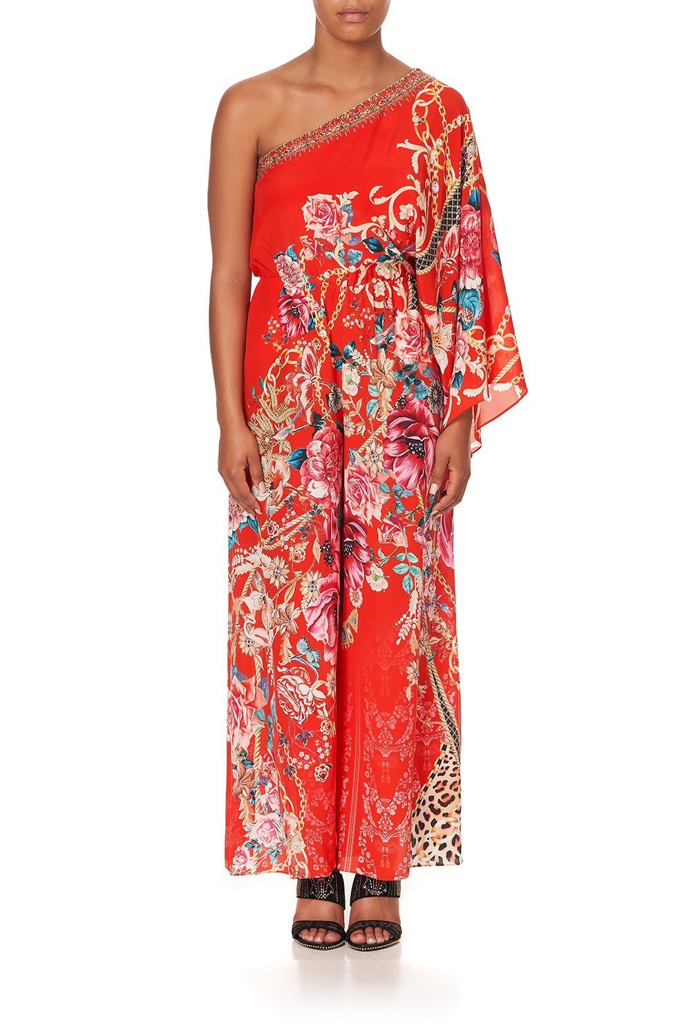 ONE SHOULDER FLARED JUMPSUIT AND THE QUEEN WORE RED