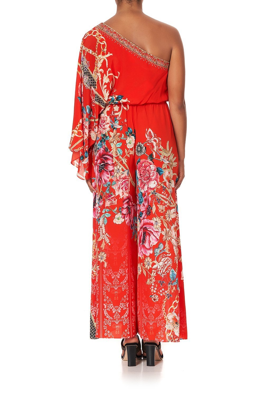 ONE SHOULDER FLARED JUMPSUIT AND THE QUEEN WORE RED