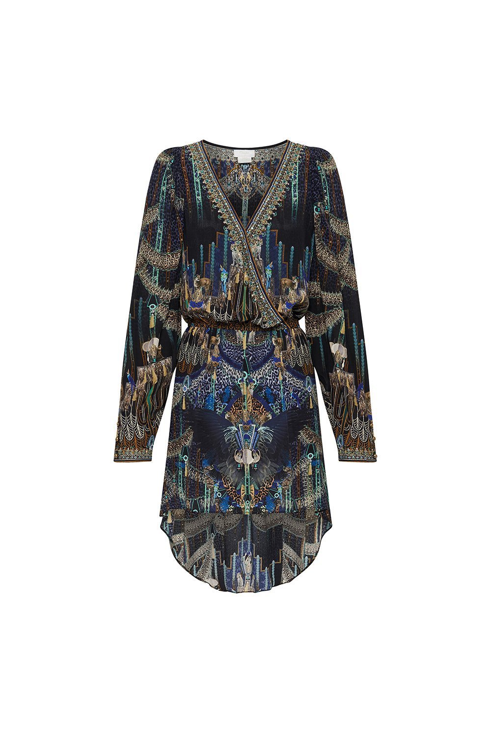 CROSS FRONT HIGH LOW MINI DRESS DRIPPING IN DECO