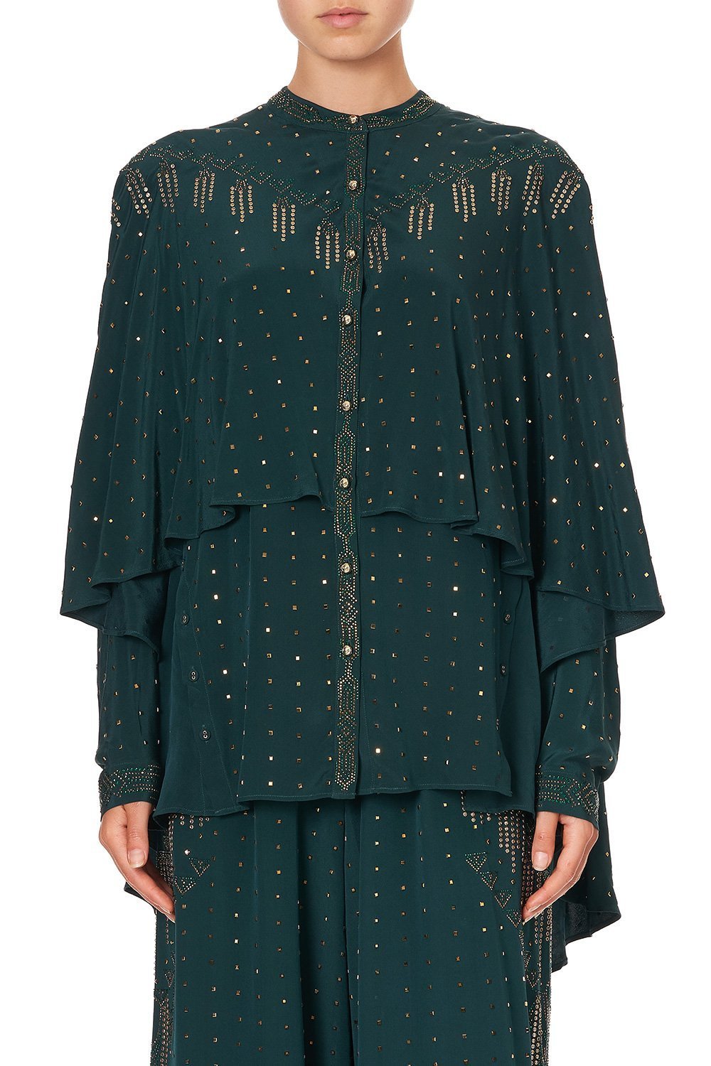 DRAPED BUTTON FRONT BLOUSE LUXE EMERALD
