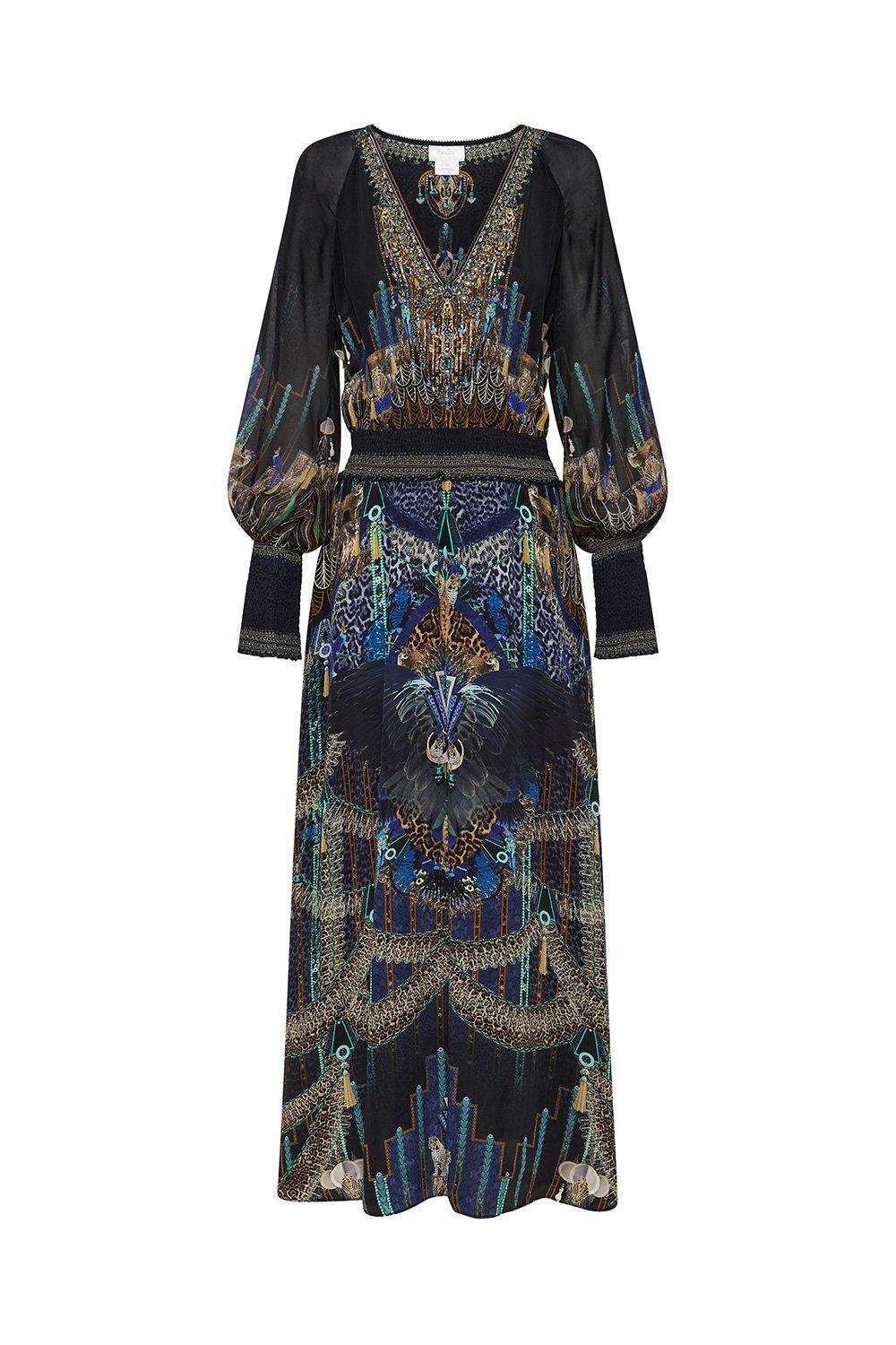 DRESS WITH SHIRRED WAIST AND CUFF DRIPPING IN DECO