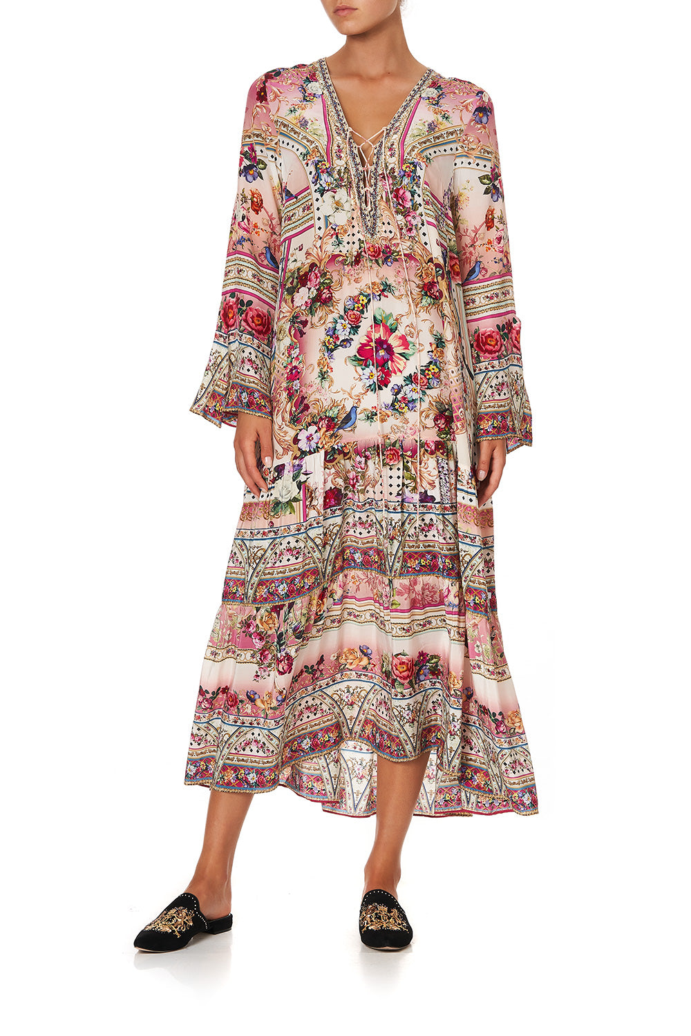 LACE UP DRESS WITH TIERED HEM SUMMONED BY A ROSE