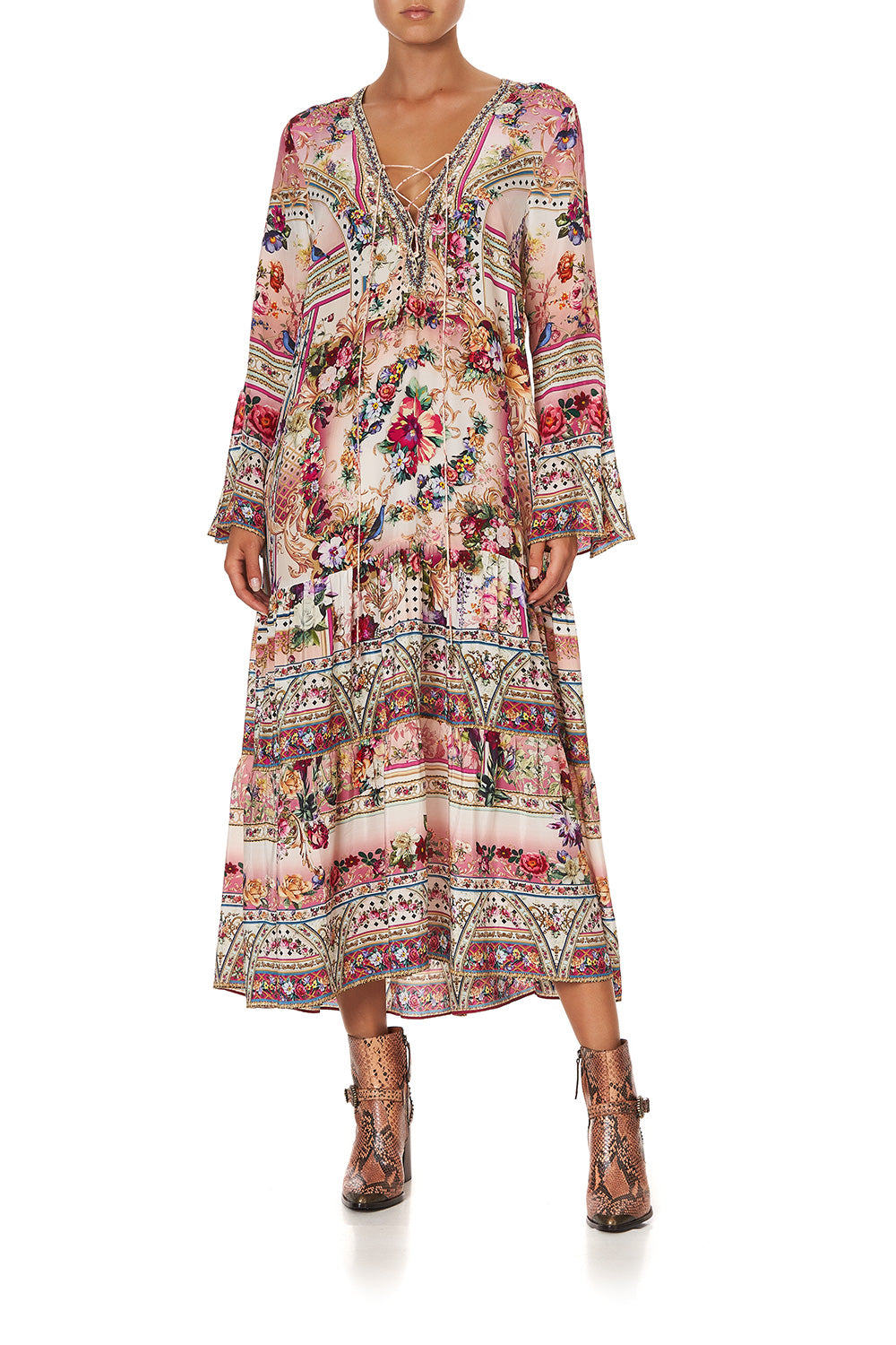 LACE UP DRESS WITH TIERED HEM SUMMONED BY A ROSE