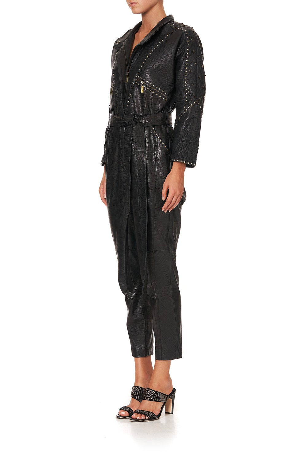 ZIP FRONT PANEL LEATHER JUMPSUIT LEATHER