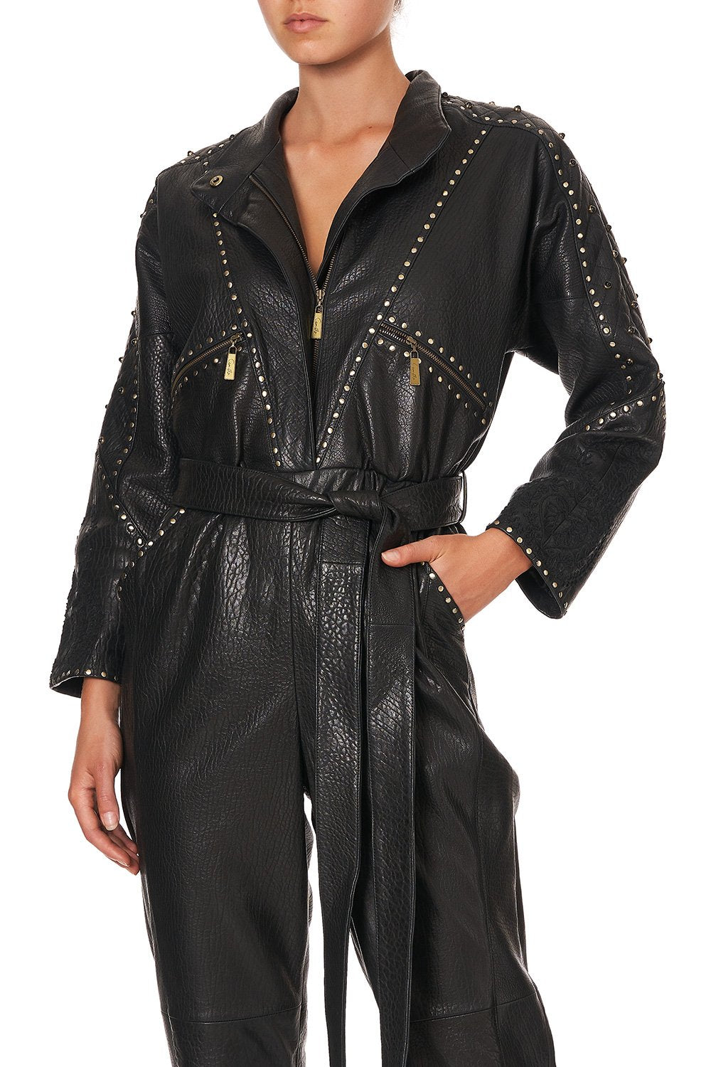 ZIP FRONT PANEL LEATHER JUMPSUIT LEATHER