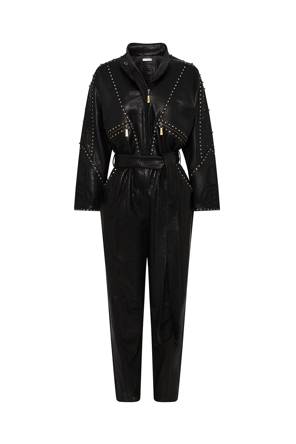 ZIP FRONT PANEL LEATHER JUMPSUIT LEATHER