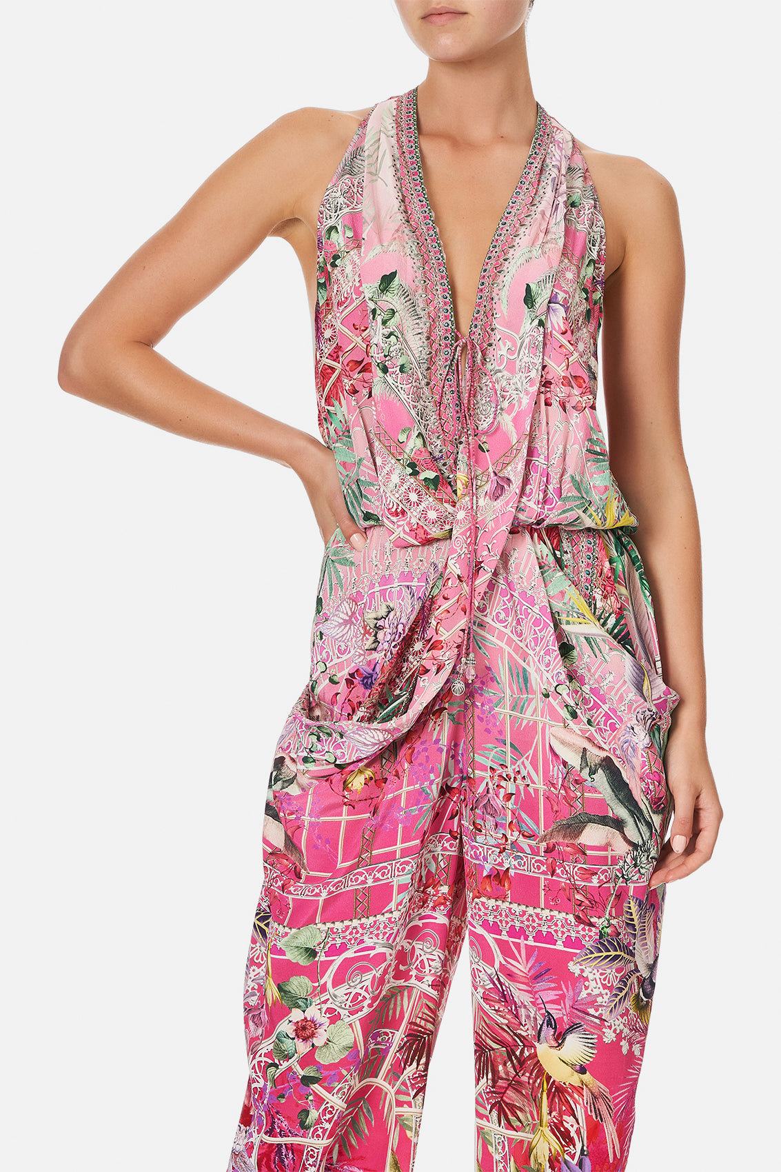 DRAPED FRONT BODICE JUMPSUIT WITH NECK TIE GLASSHOUSE ROMANCE