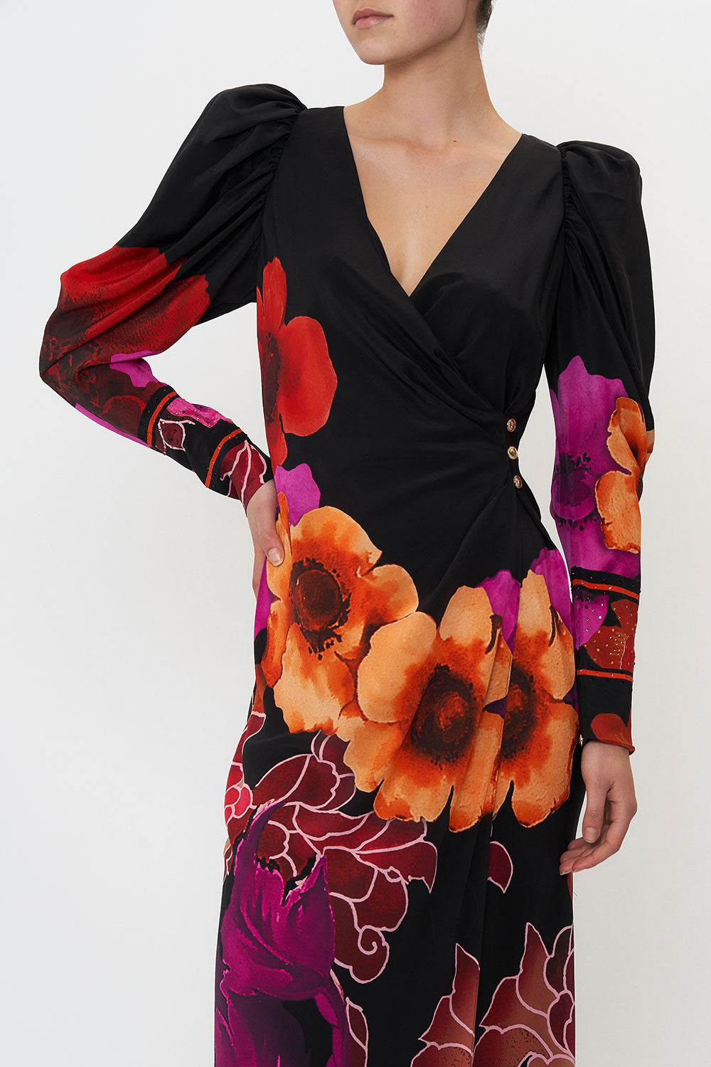 WRAP DRESS WITH DRAMATIC SLEEVE MIDNIGHT POPPY