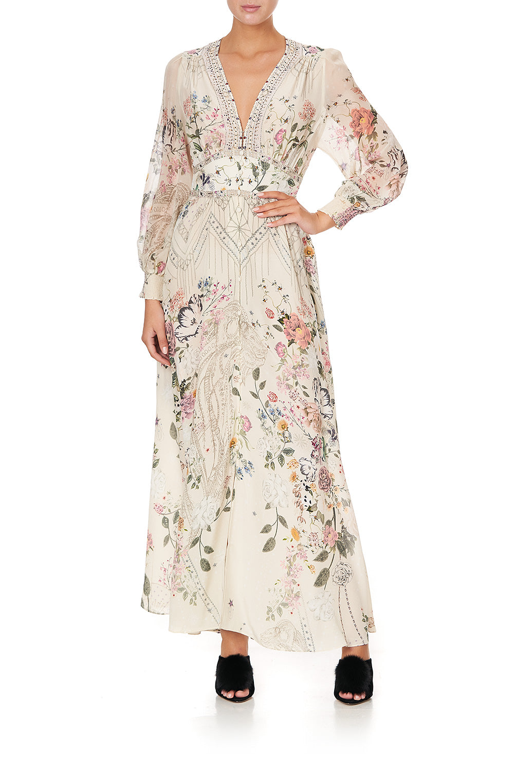 BUTTON DRESS WITH SHAPED WAISTBAND PHOENIX FLOWER