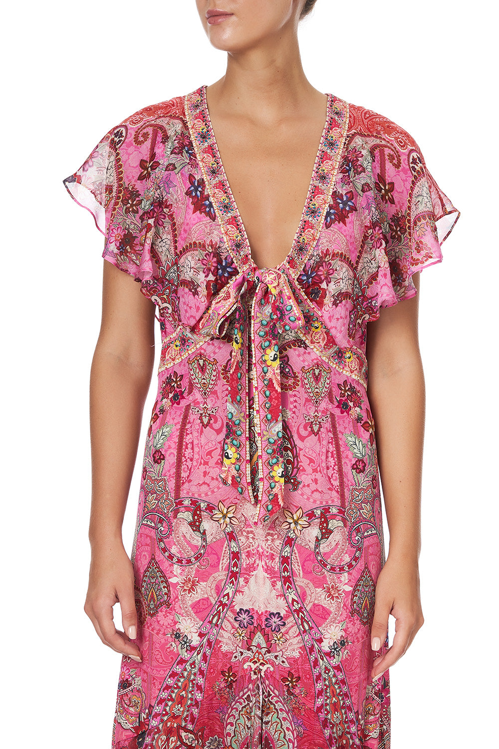 TIE FRONT MAXI WITH CENTRE FRONT SPLIT PALISADES PAISLEY