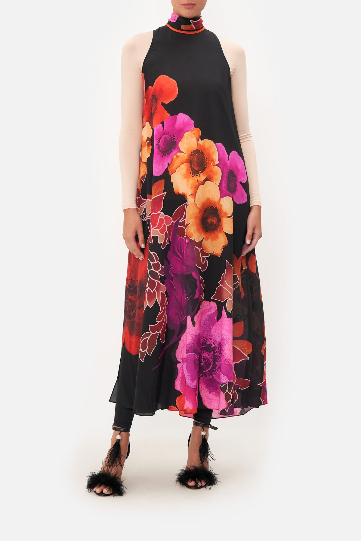 HIGH NECK DRESS WITH BACK NECK TIE MIDNIGHT POPPY