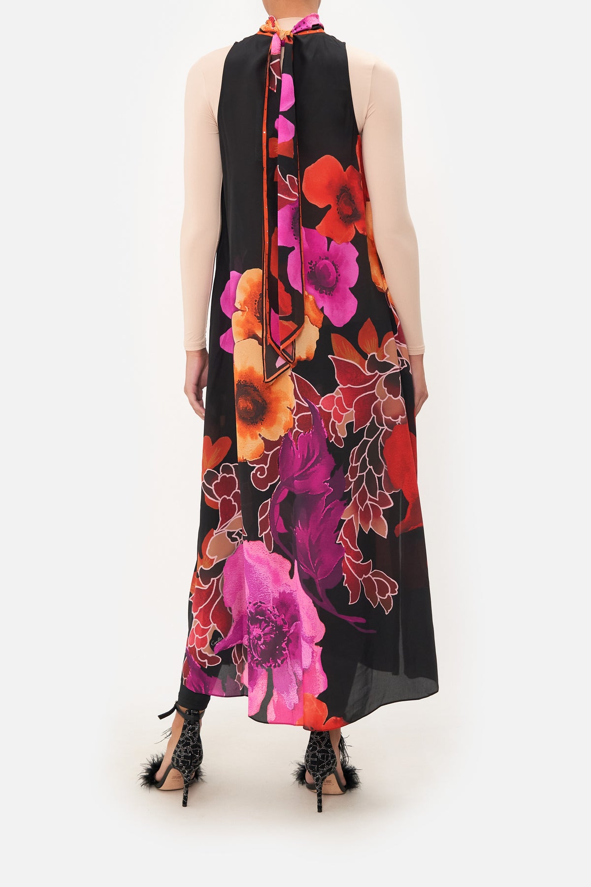 HIGH NECK DRESS WITH BACK NECK TIE MIDNIGHT POPPY