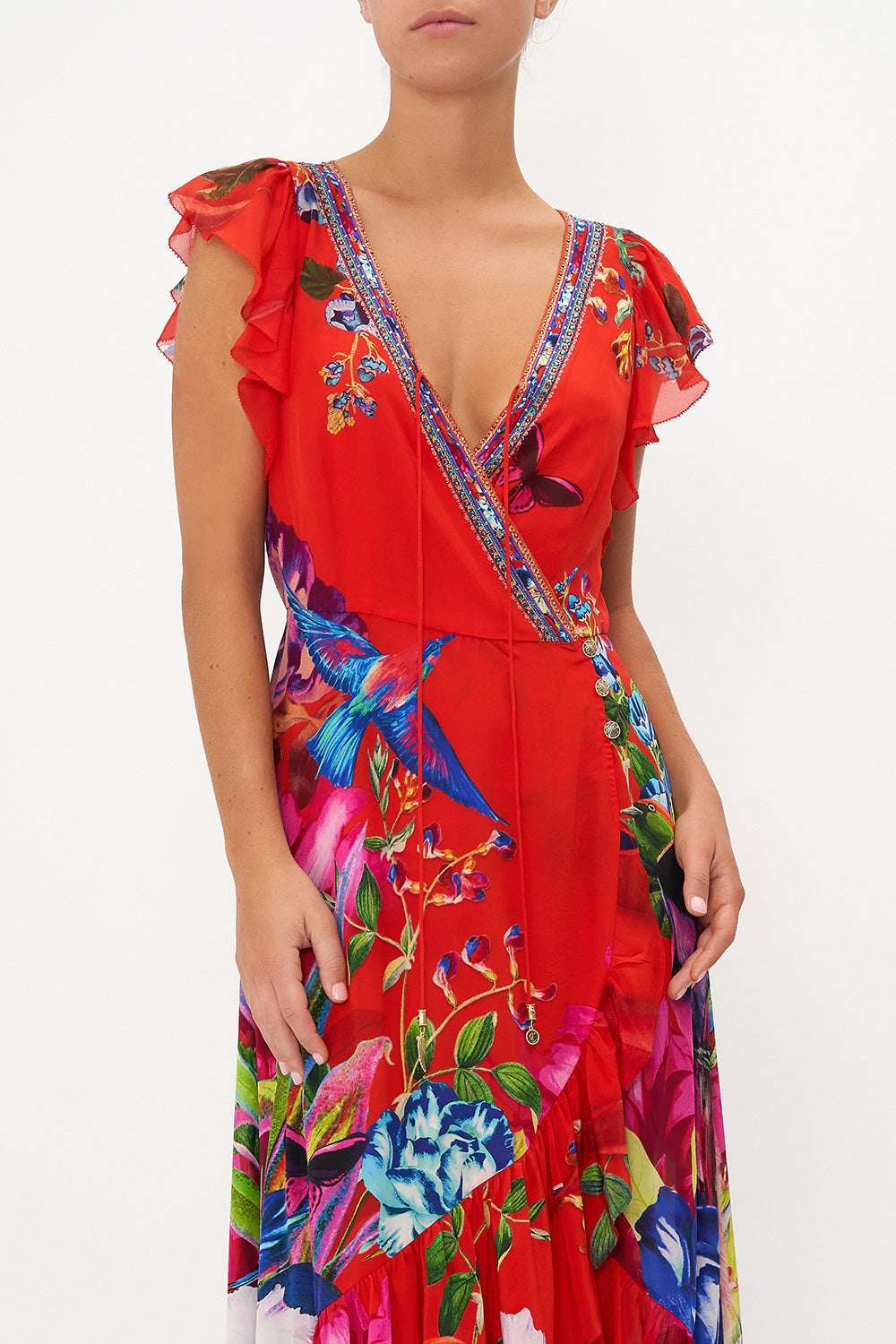 RUFFLE WRAP DRESS BIRDS OF A FEATHER