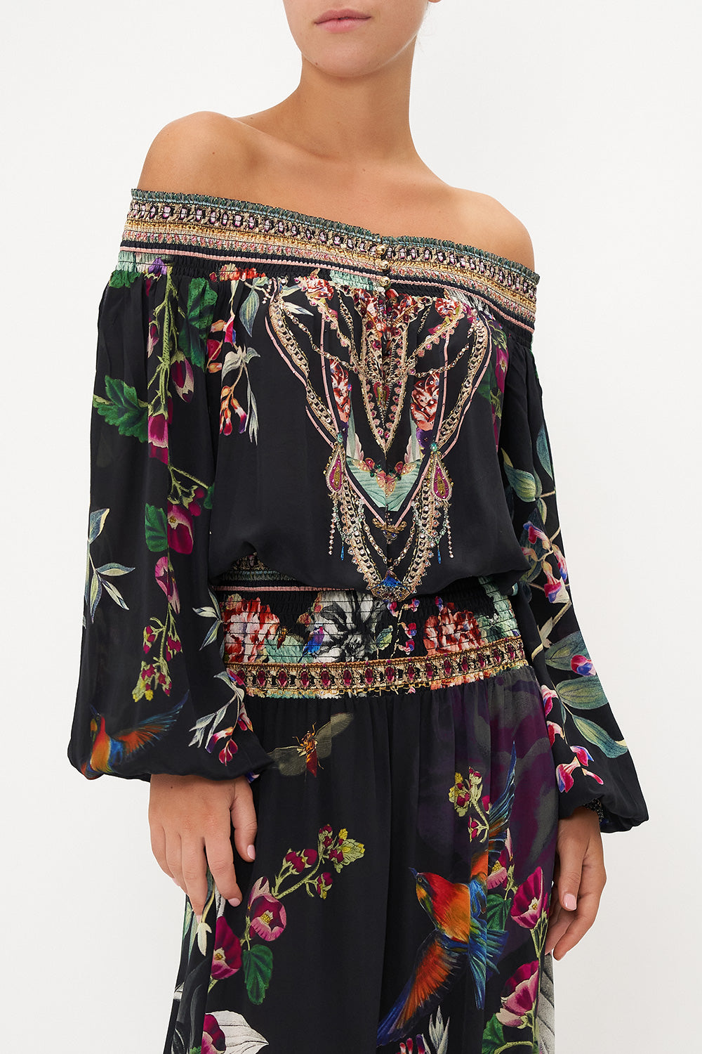 OFF SHOULDER SHIRRED DRESS PARADISO PLACE