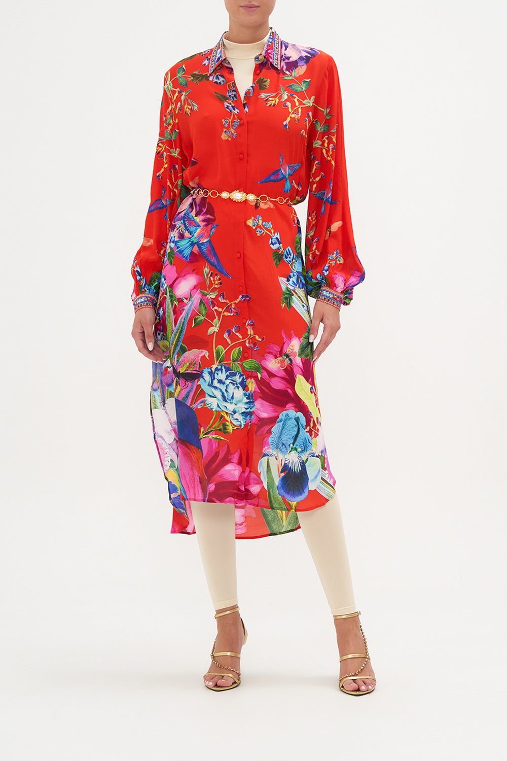 HIGH LOW MIDI SHIRT DRESS BIRDS OF A FEATHER