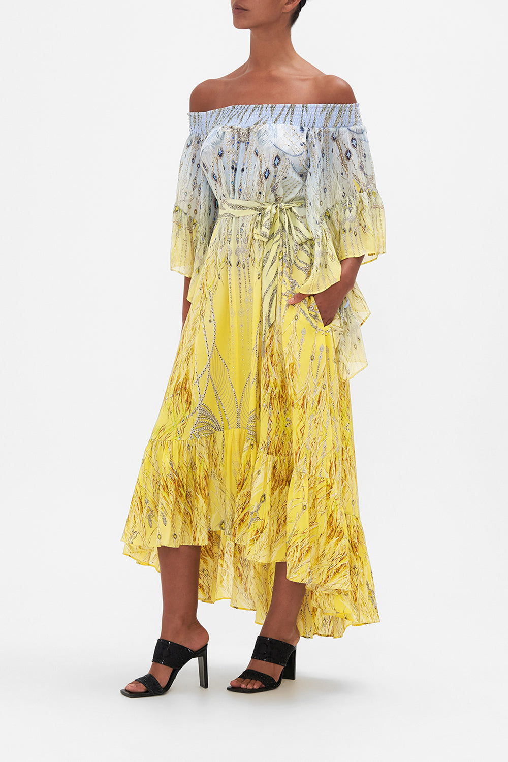 HIGH LOW HEM OFF SHOULDER DRESS MOON AND BACK