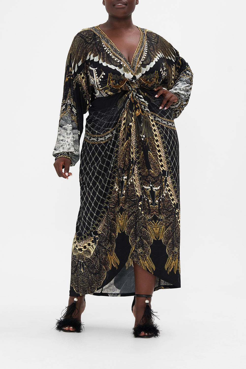 LONG SPLIT FRONT TWIST DRESS RAVIN RAVEN