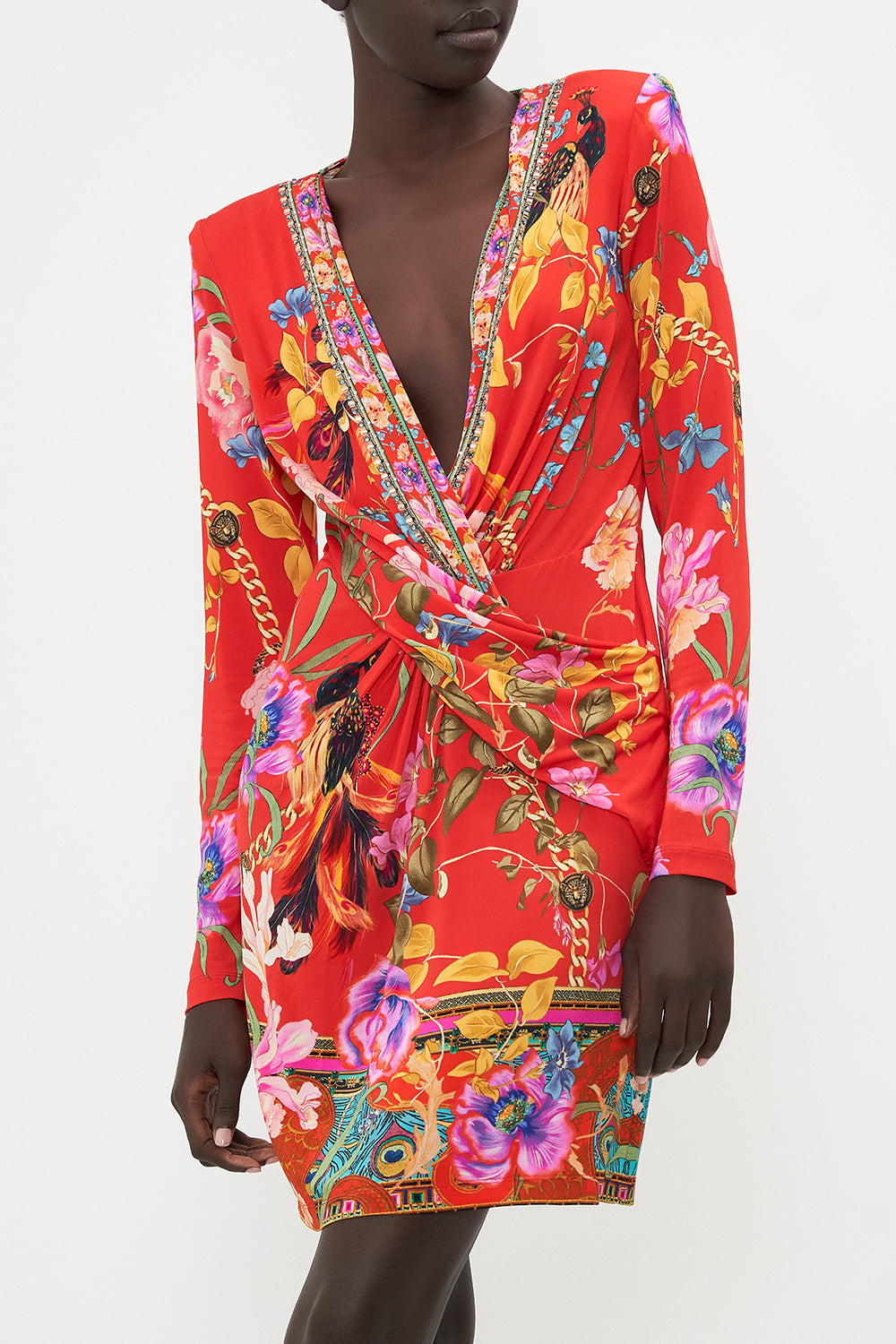 V-NECK CROSS FRONT DRESS RUFFLE SOME FEATHERS