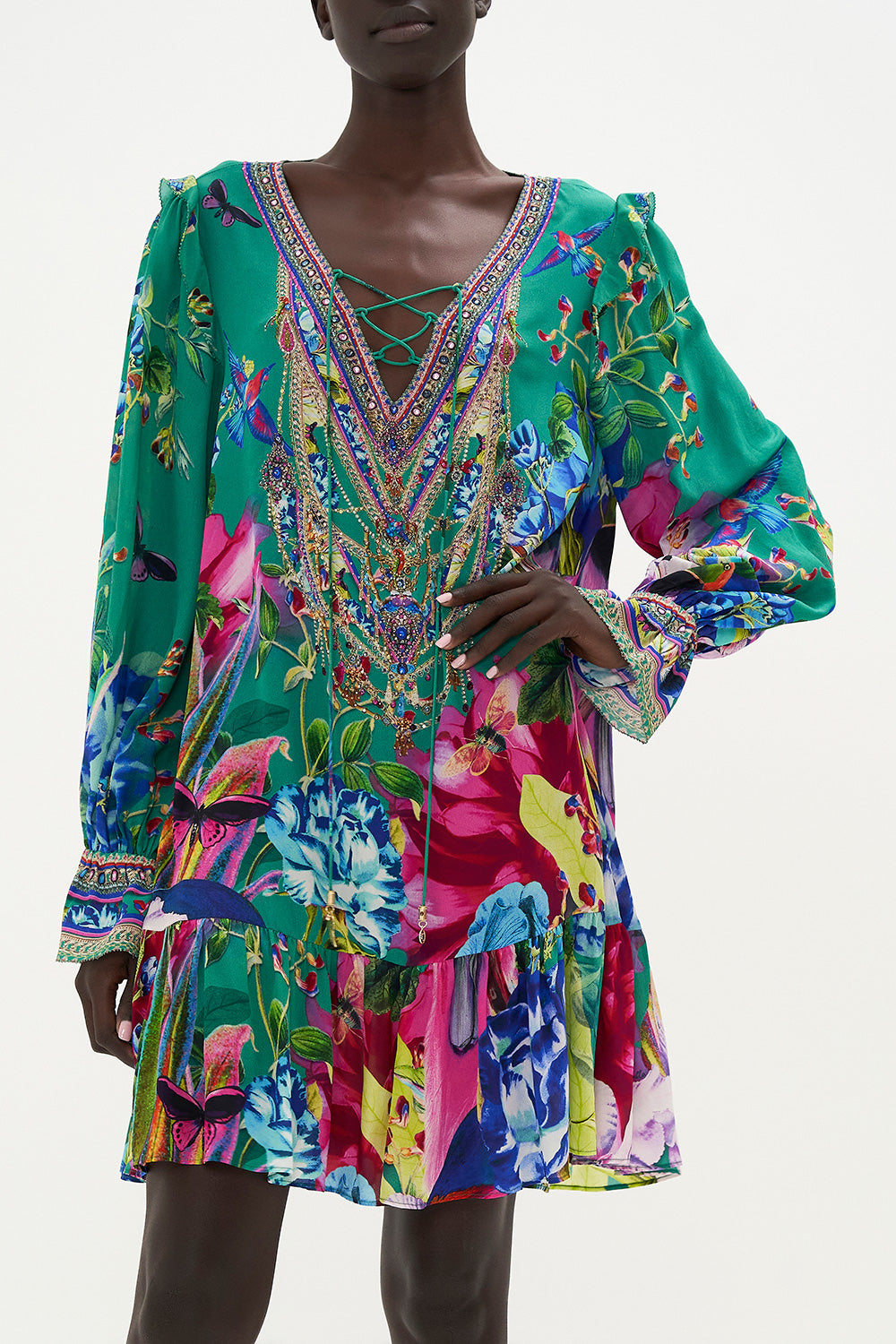 RUFFLE LACE UP DRESS RUN FROM PARADISE