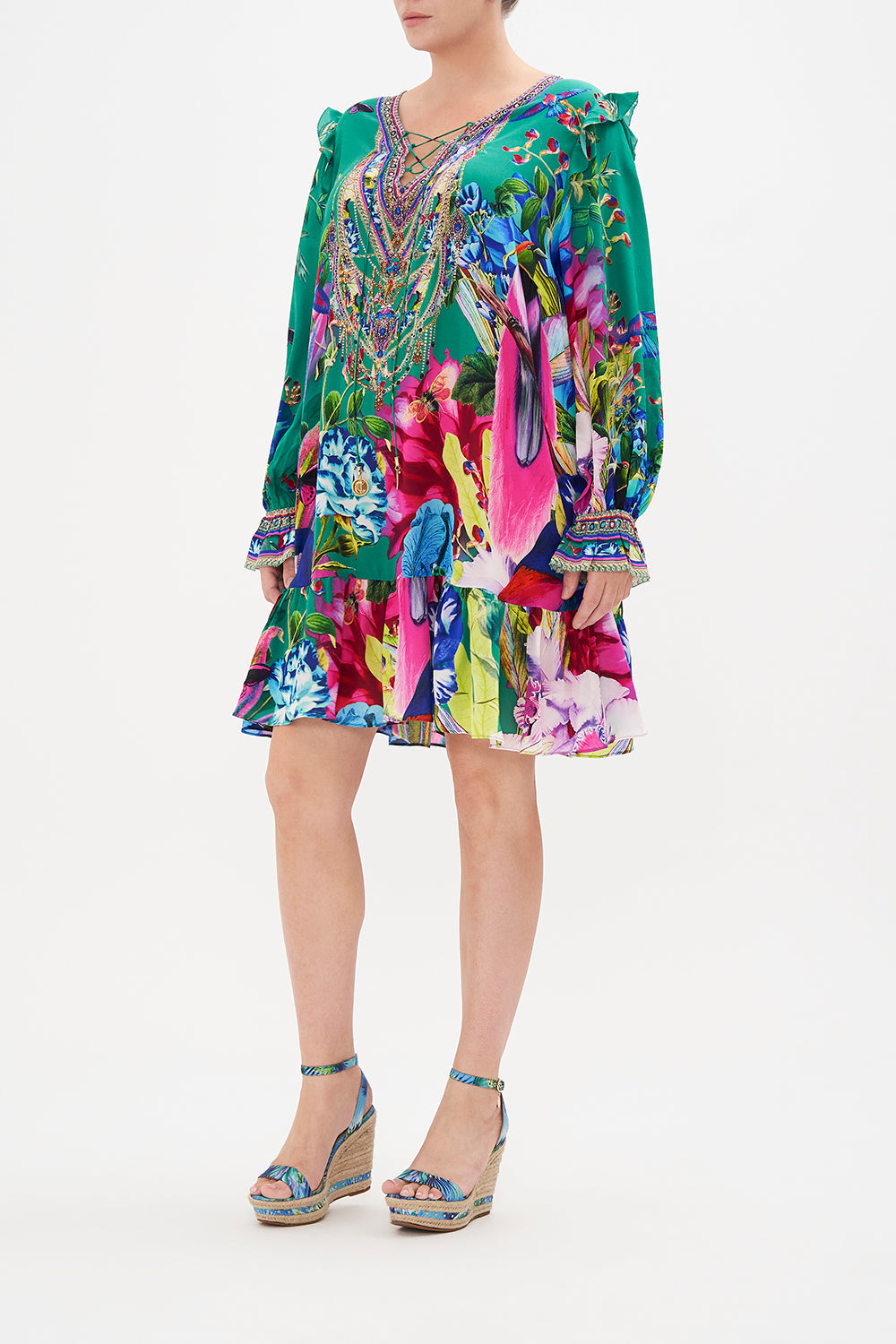 RUFFLE LACE UP DRESS RUN FROM PARADISE