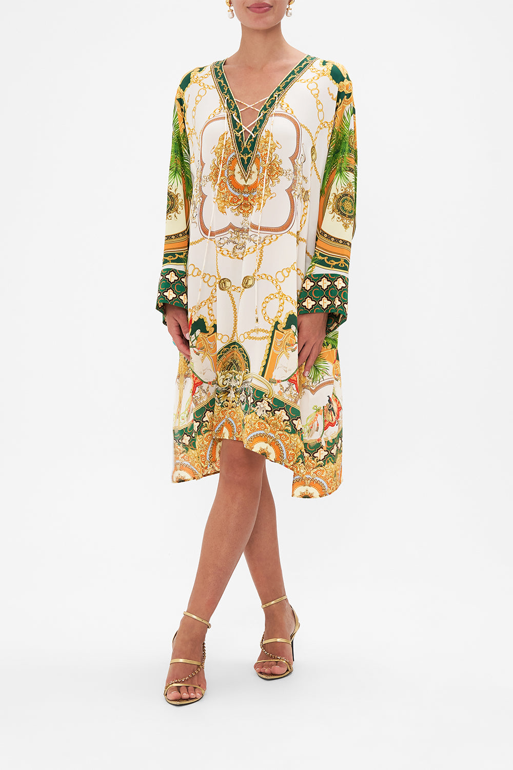 Front view model wearing of CAMILLA silk kaftan in My Sweet Devotion print