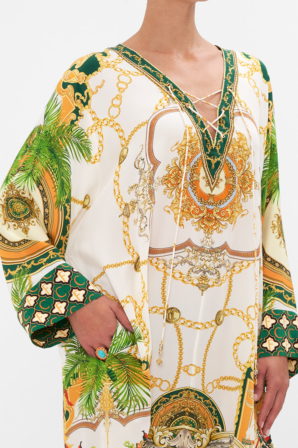 Detail view model wearing of CAMILLA silk kaftan in My Sweet Devotion print