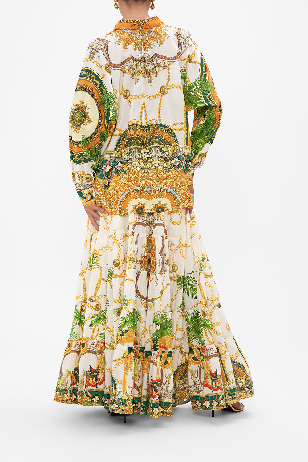 Back view of model wearing CAMILLA silk cotton blouse in My Sweet Devotion print