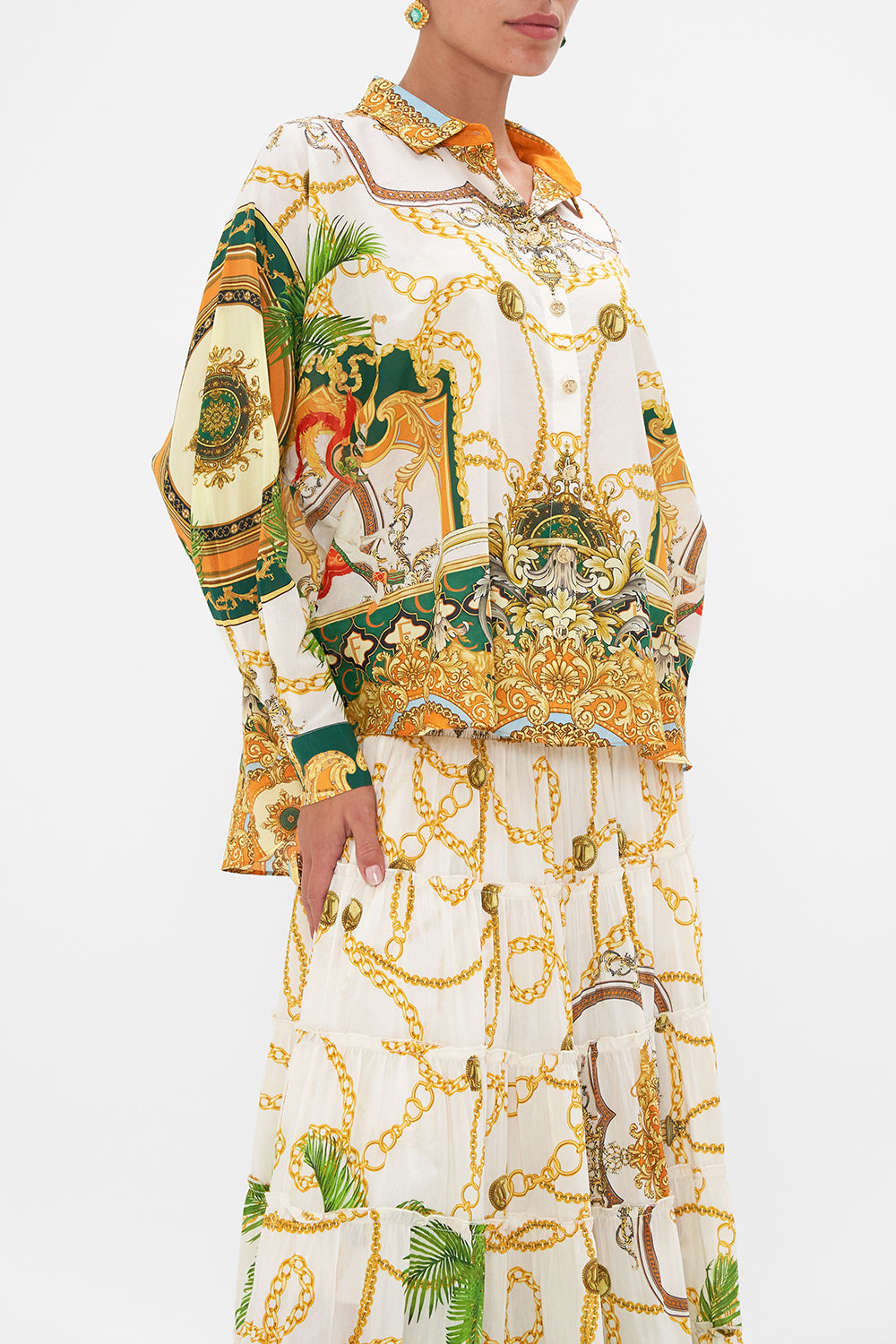 Crop view of model wearing CAMILLA silk cotton blouse in My Sweet Devotion print