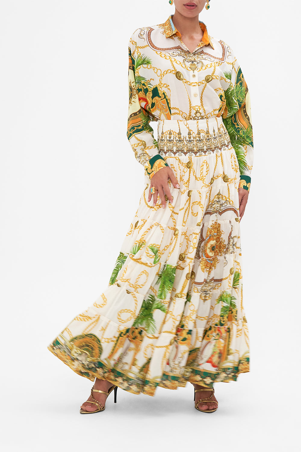 Front view of model wearing CAMILLA silk cotton blouse in My Sweet Devotion print