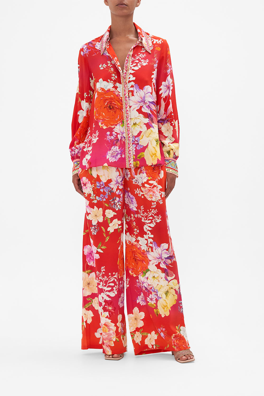 Front view of model wearing CAMILLA floral silk blouse in Kiss And Tell print