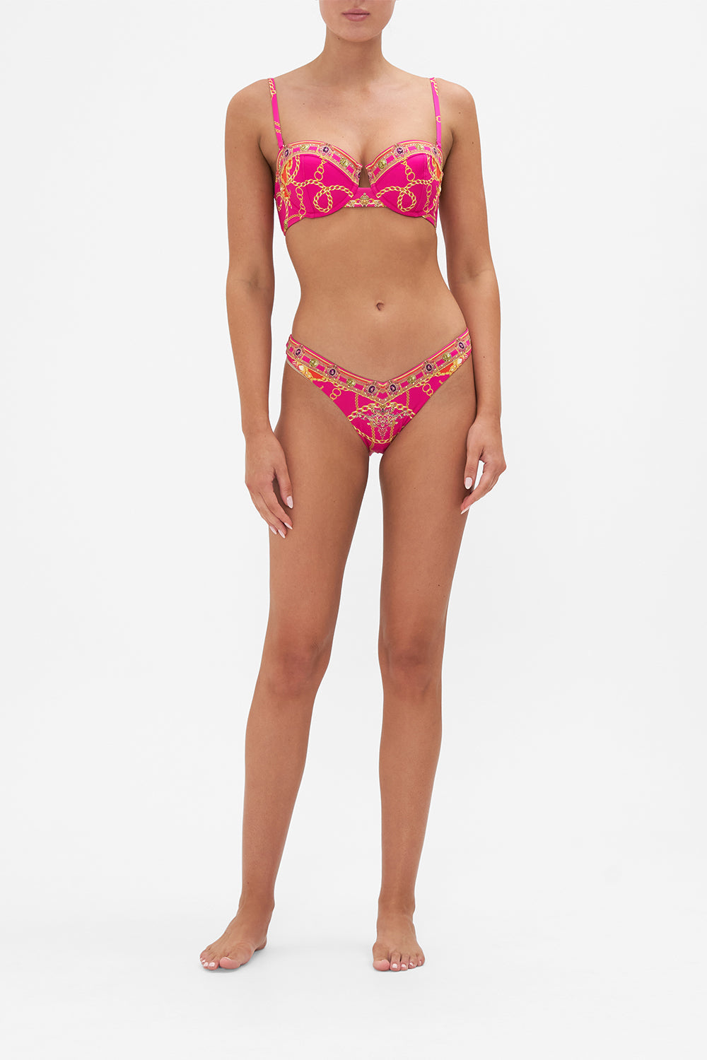 Front view of model wearing CAMILLA swimwear bikini bottom in Wild And Running print