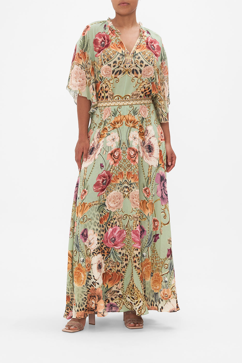 Front view of model wearing CAMILLA floral ruffle sleeve top in Grow And Glow print