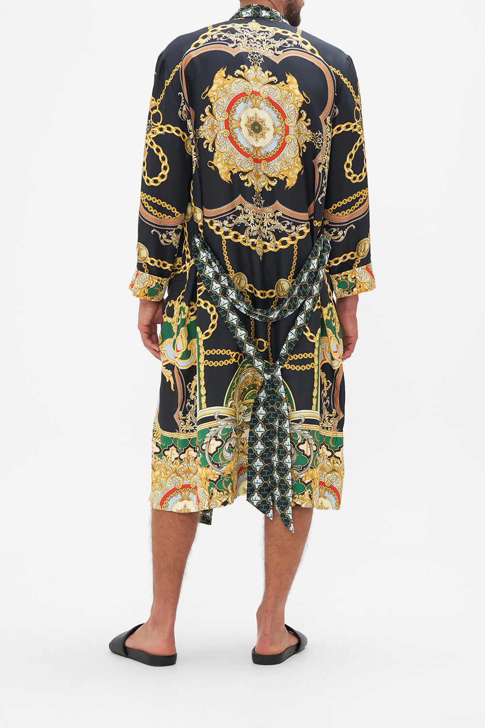 Back view of model wearing Hotel Franks by CAMILLA mens silk robe in Jealousy And Jewels print